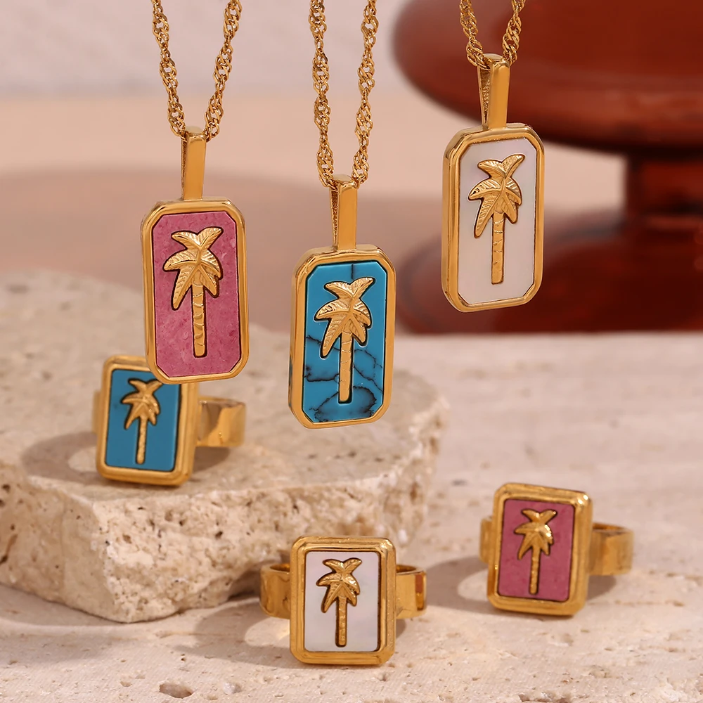 E.B.belle  Colored Fritillaria Coconut Tree Square Pendant Necklace 18K Gold Plated Jewelry 316L Stainless Steel Accessories