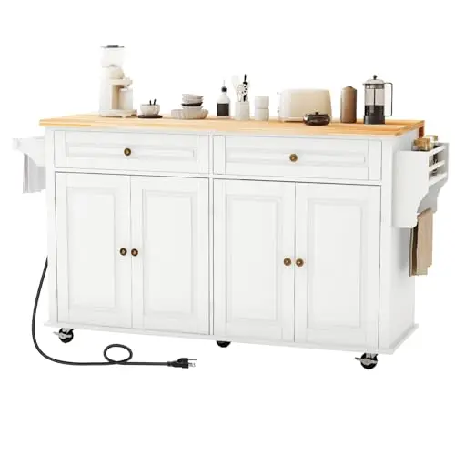 67’’ Movable Kitchen Island with Drop Leaf and Power Outlet, Lockable Sliding Countertop Rolling Island Cart with 2
