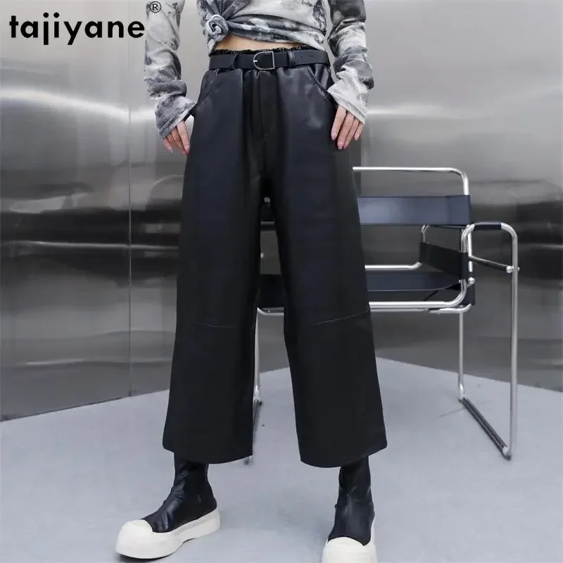 Tajiyane Straight Pants for Women Genuine Sheepskin Leather Pants Women Black Elastic Waist Nine-point Pants Streetwear