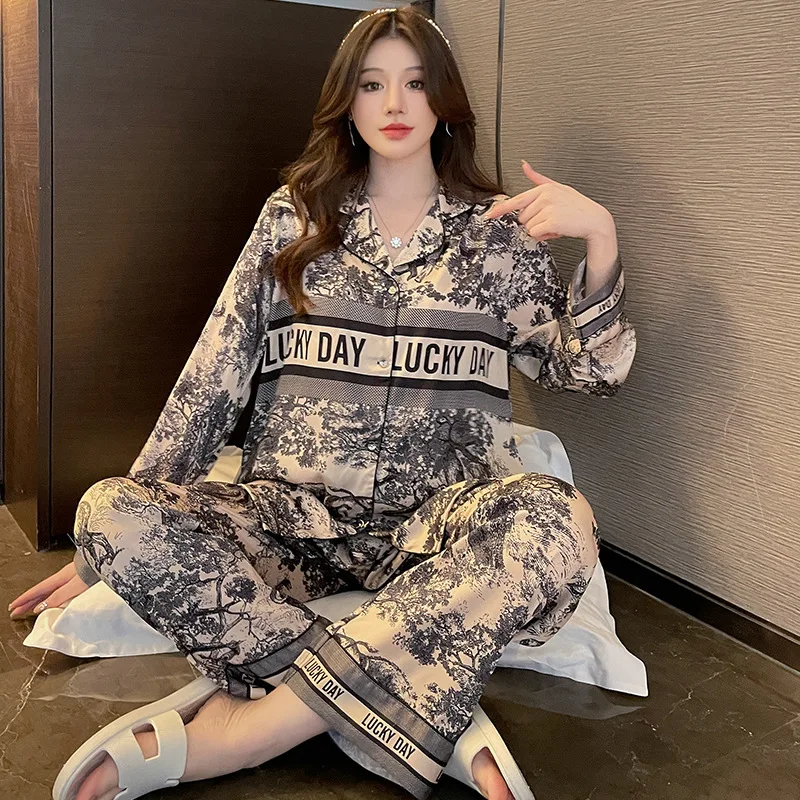 Spring and Autumn New Women's Ice Silk Pajamas Girls Ink Painting Long-Sleeved Pants Senior Sense of Elegance Leisure Home Wear