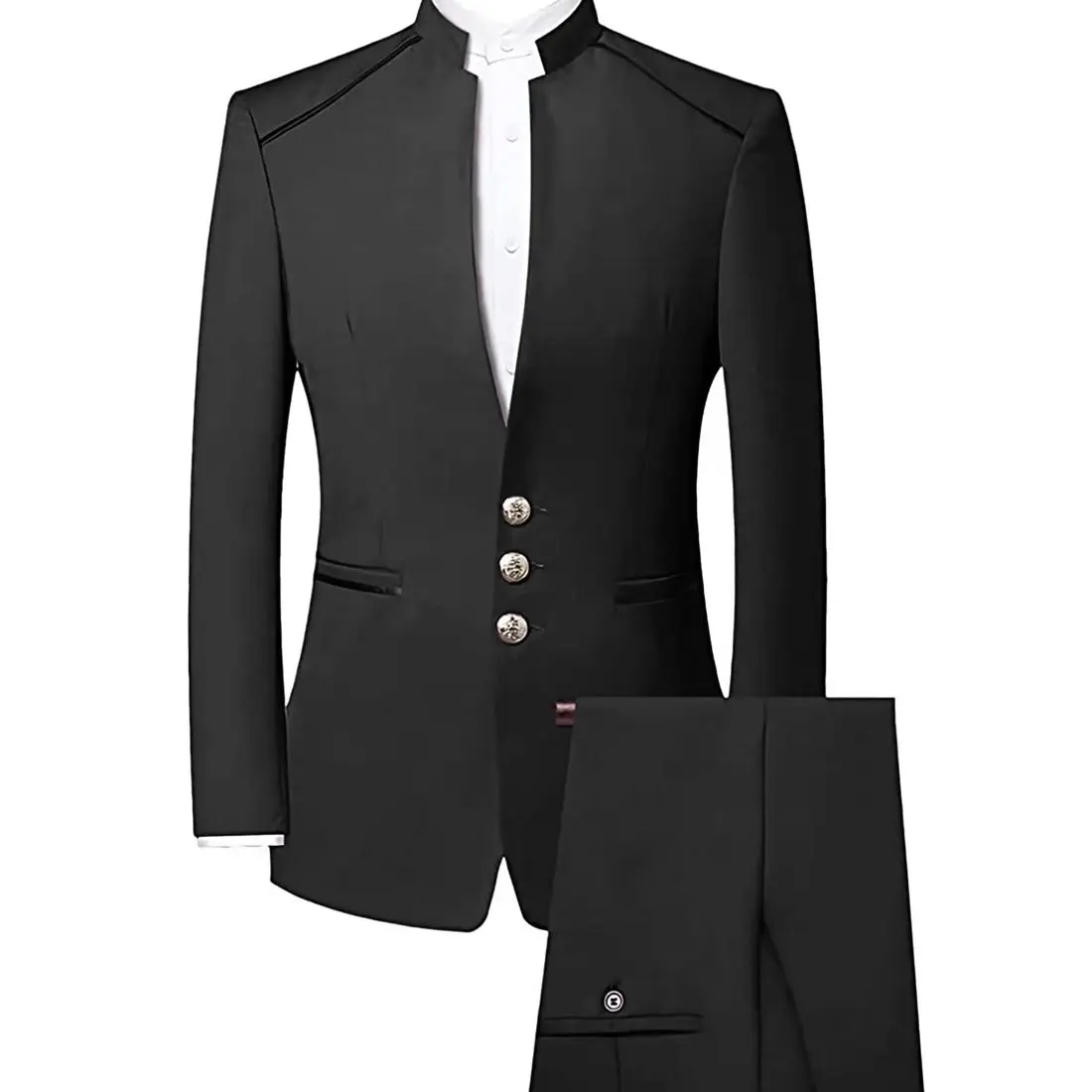 Black Men's Suit Single Breasted Standing Neck Jacket High Quality Business Casual 2-Piece Set (Blazer+Pants)