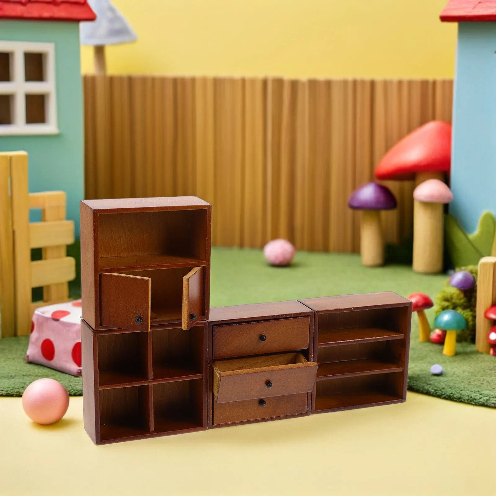 

4Pcs Walnut Miniature Dollhouse Furniture Cabinet Set DIY Wooden Storage Shelf Micro Landscape Display Rack Mini Wood Bookcase