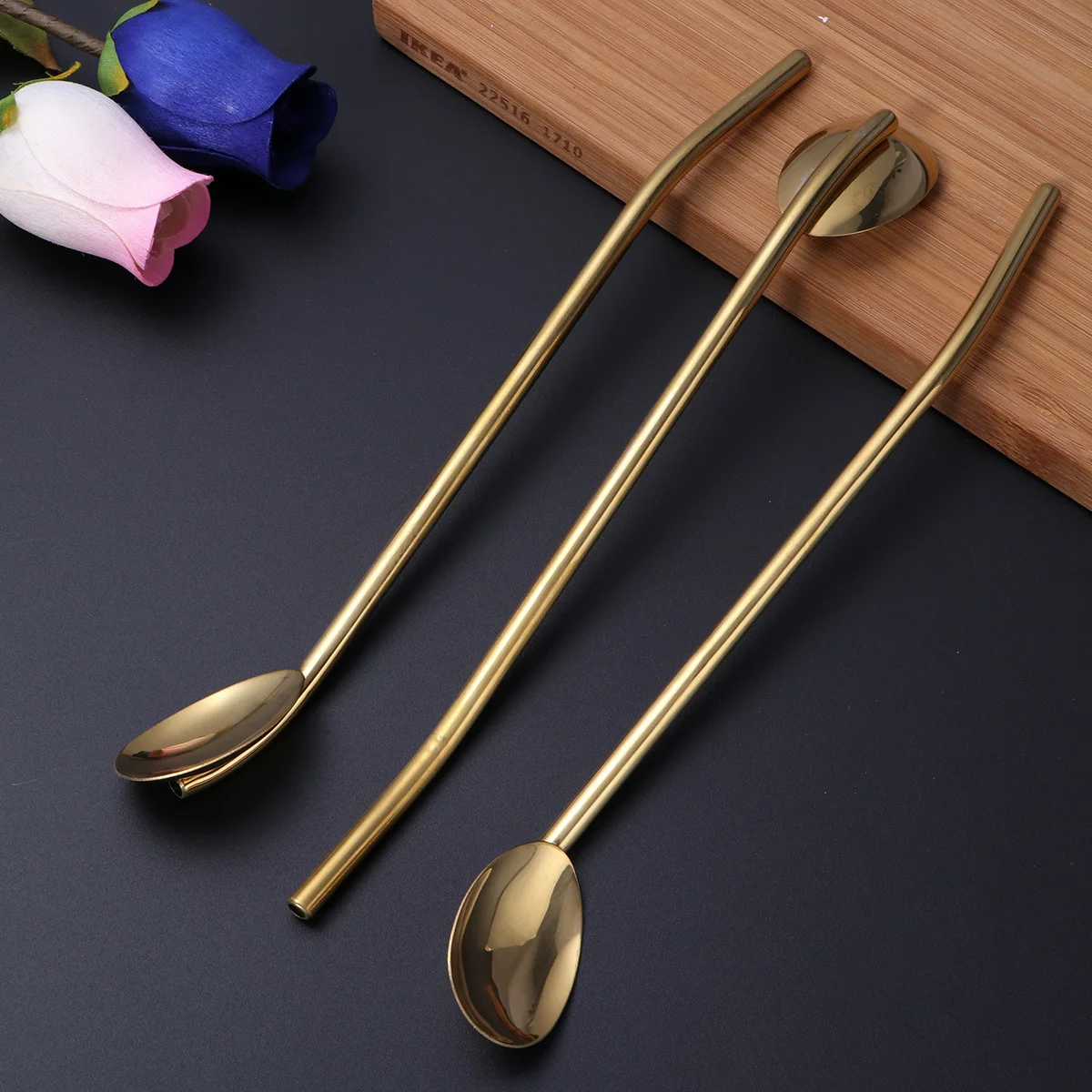 

4pcs Stainless Steel Straws Spoon Golden Long Handle Stirring Spoon For Coffee Restaurant Use Kitchen Barware Tool