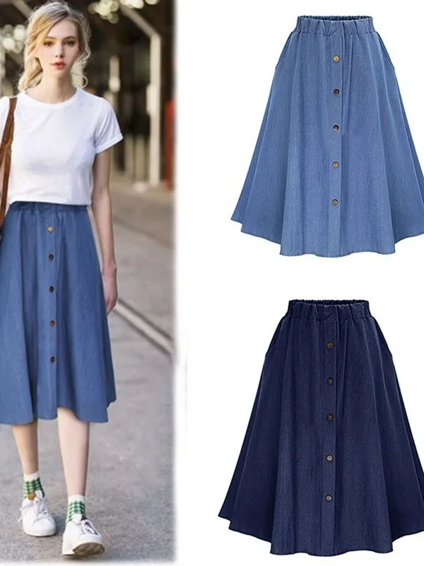 

Джинсовая юбка с высокой талией, повседневная, женская, А-силуэт, длинная, с пуговицами, универсальная, однотонная, из ткани, лето 2023