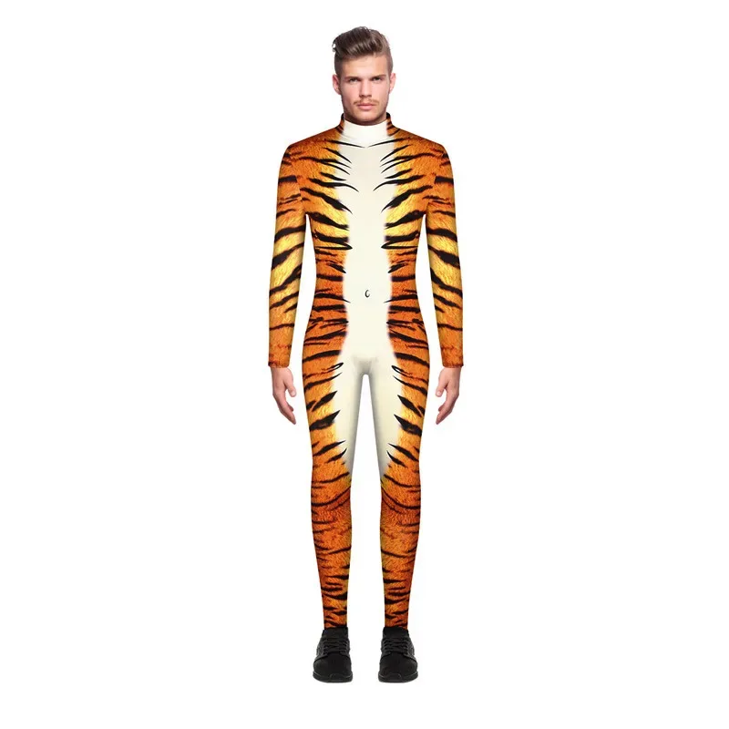 Disfraces sexis de Halloween para hombre, traje de gato Zentai para fiesta de animales, mono con estampado 3D de serpiente y tigre, monos para Cosplay muscular