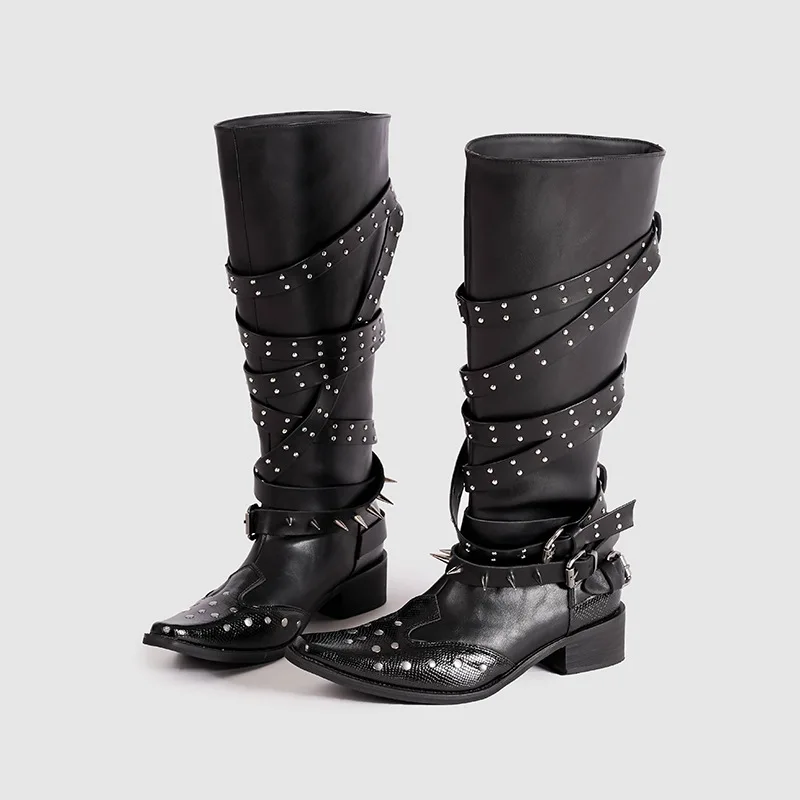 

Pointed Rivet Knight Women's 2026 New Black Retro Belt Buckle But Knee Skinny Thick Heel Boots