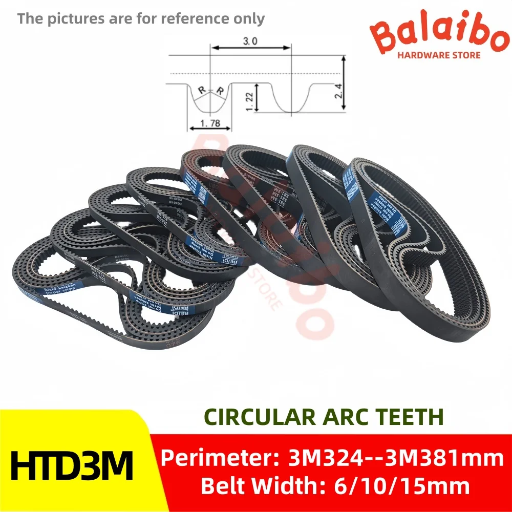 HTD3M timing belt perimeter 3M-324/327/330/303/306/309mm to 3M-381mm  width 6/10/15mm High torque rubber belt