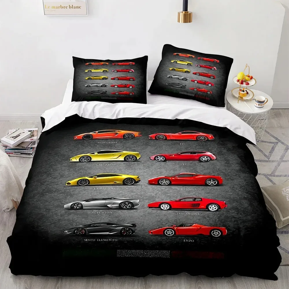 Sports Car King Queen Duvet Cover Cool Colorful Supercar Pattern Bedding Set for Men Adult Race Car Polyester Quilt Cover