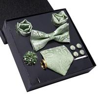 Caja de regalo de lujo Hi-Tie, patrón de Jacquard de Cachemira verde claro, pañuelo suave para hombre, conjunto de gemelos para boda de alta calidad