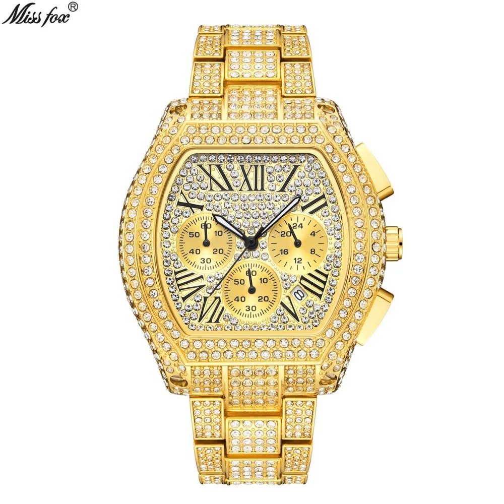 Top Fashion Brand Missfox Mens Quartz Watch With Calendar Waterproof Wristwatches Luxury Design Hip Hop Diamond Watches Man Gift USA Sale ﻿