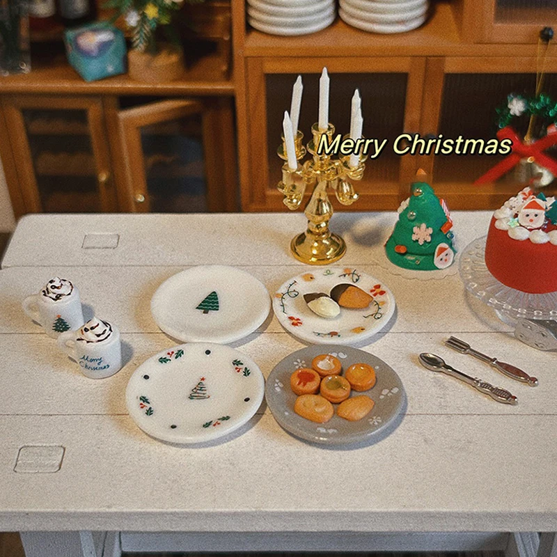 5Pcs 1:12 Dollhouse Christmas Dish Plates Cup Model Doll Xmas Kitchen Tableware Decoration Dolls House Accessories Pretend Toy