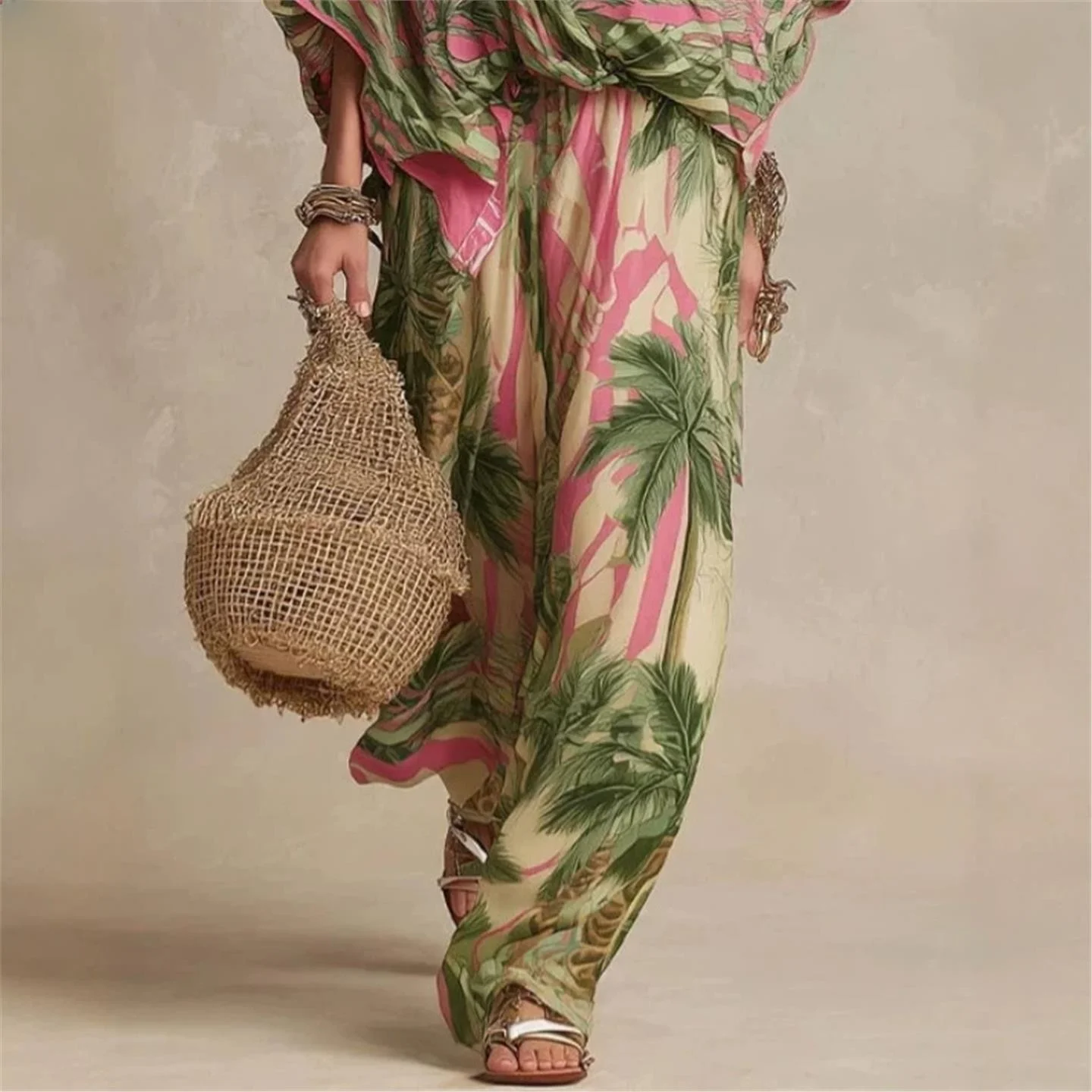 Loose Women's Shirt Wide Leg Pants Two-Piece Set LinJ2026 European Style Low Waist Polyester Casual Pants Beachwear