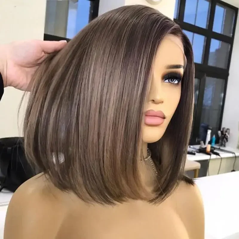Peluca Bob corta, pelucas de cabello humano de color rubio ceniza, pelucas de cabello humano con frente de encaje marrón, muy adecuadas para actuaciones