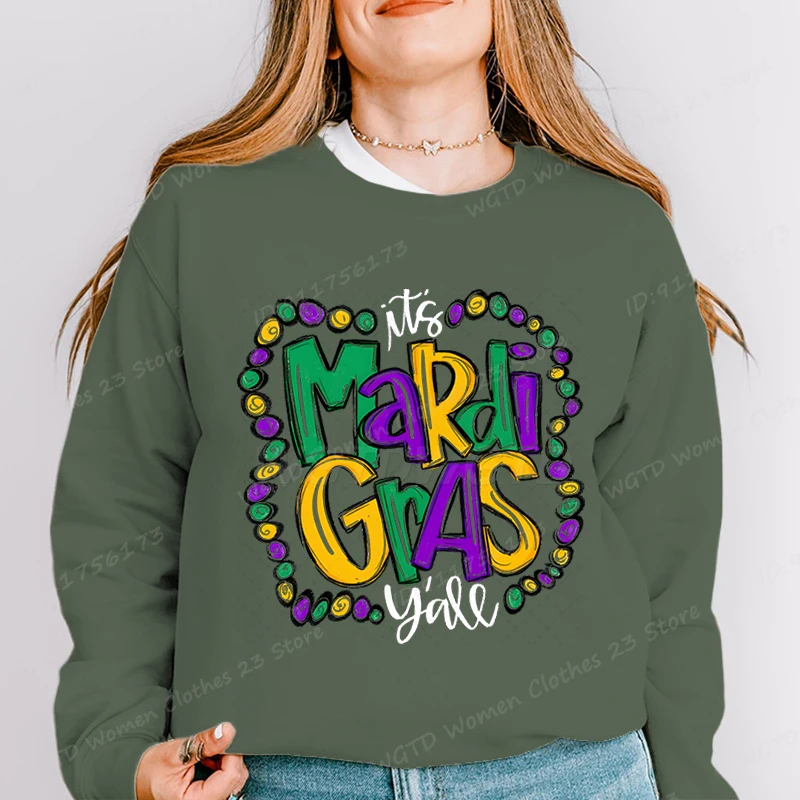 Felpa senza cappuccio alla moda da donna Top divertenti It's Mardi Gras Y'all Stampa Pullover girocollo da donna Pullover casual in puro colore