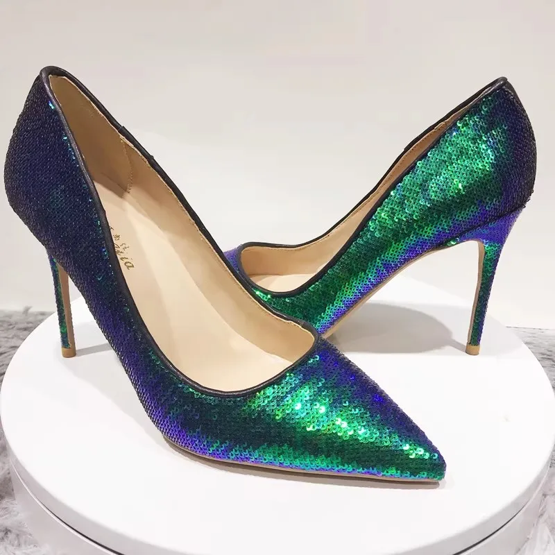 

2025 Spring New Green Sequin High Heels Pointed Toe Stiletto Shallow Elegant Sexy Banquet Dress Women's Large Size Single Shoes