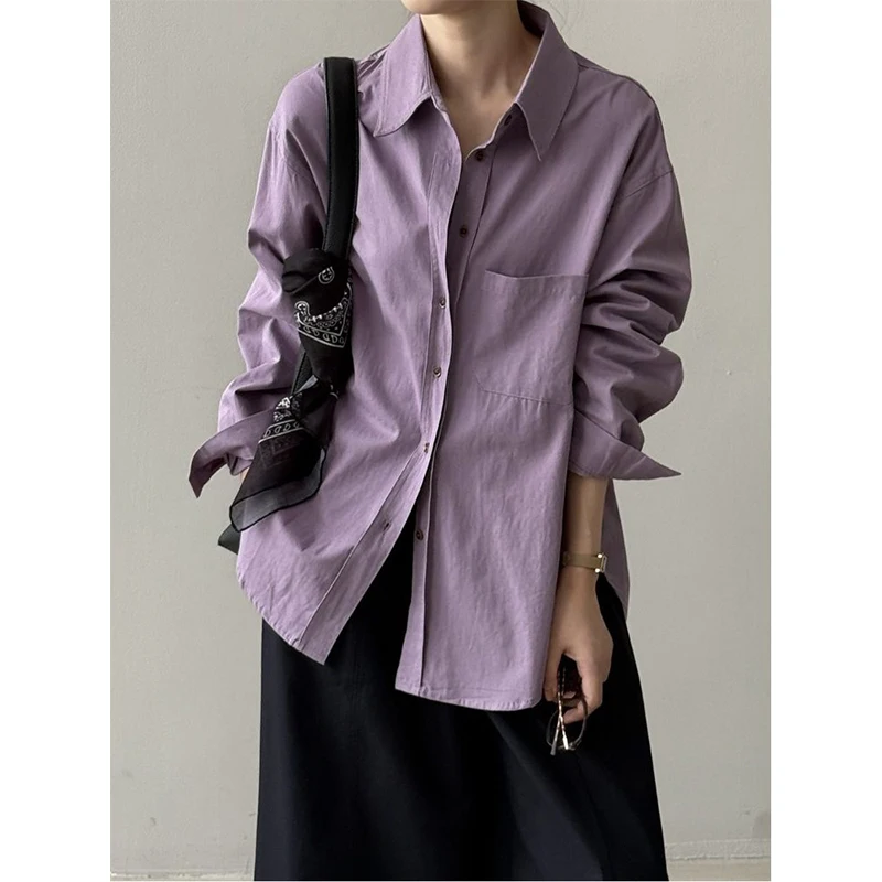 

100% Cotton Purple Shirt for Women 2026 Spring Korean Style Single Breasted Lapel Coats Pocket Simple Temperament Woman Clothes