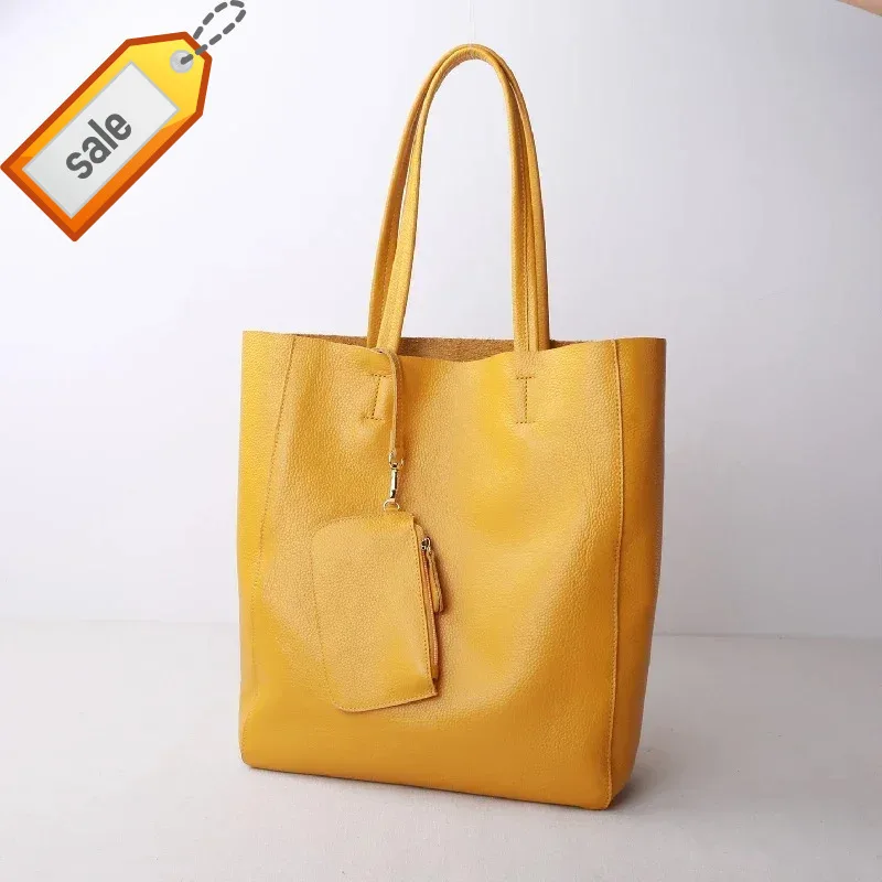 

High Quality A4 Black White Grey Blue Yellow Soft Genuine Leather Women's Handbag Shoulder Bag Female Shopping Tote Purse M6513