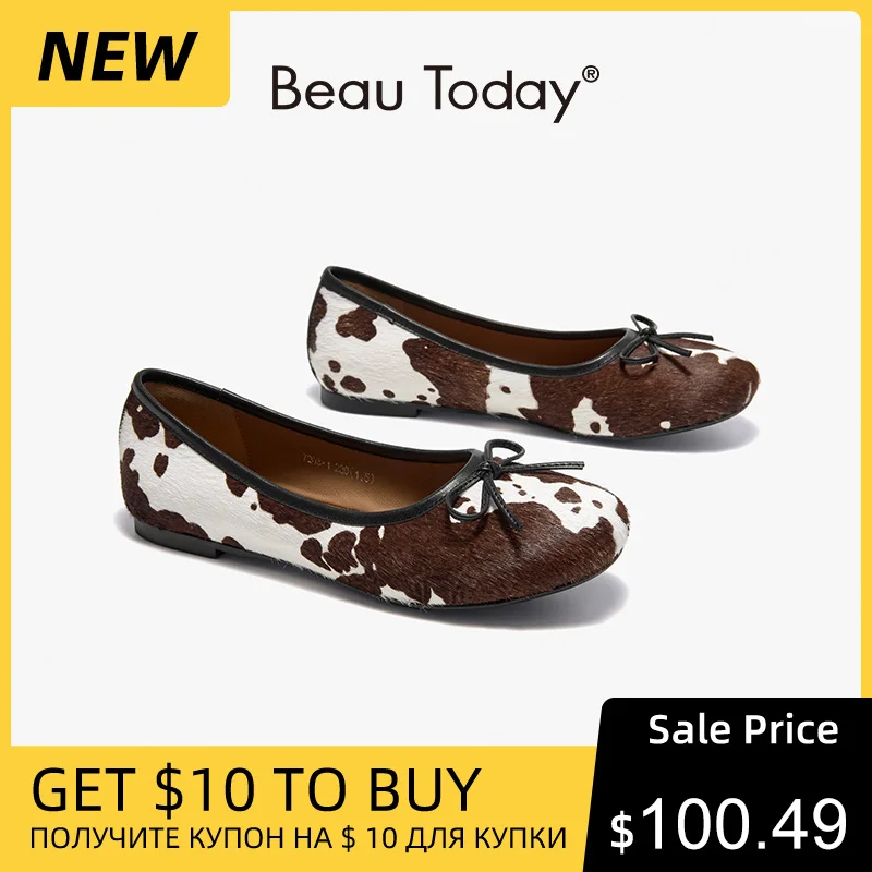 

BEAUTODAY Retro Flats Shoes Women Horse Fur Butterfly-knot Round Toe Slip-on Ballet Ladies Shoes Handmade 28037