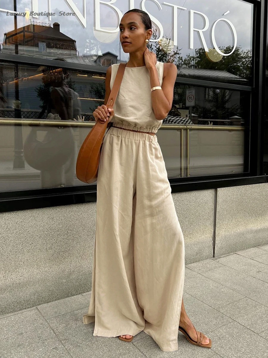 

Wide Leg Pant And O-neck Tank Top 2 Piece Set Elastic Waist Trouser Suit Cotton Linen Casual Solid Vacation Summer Women Outfits