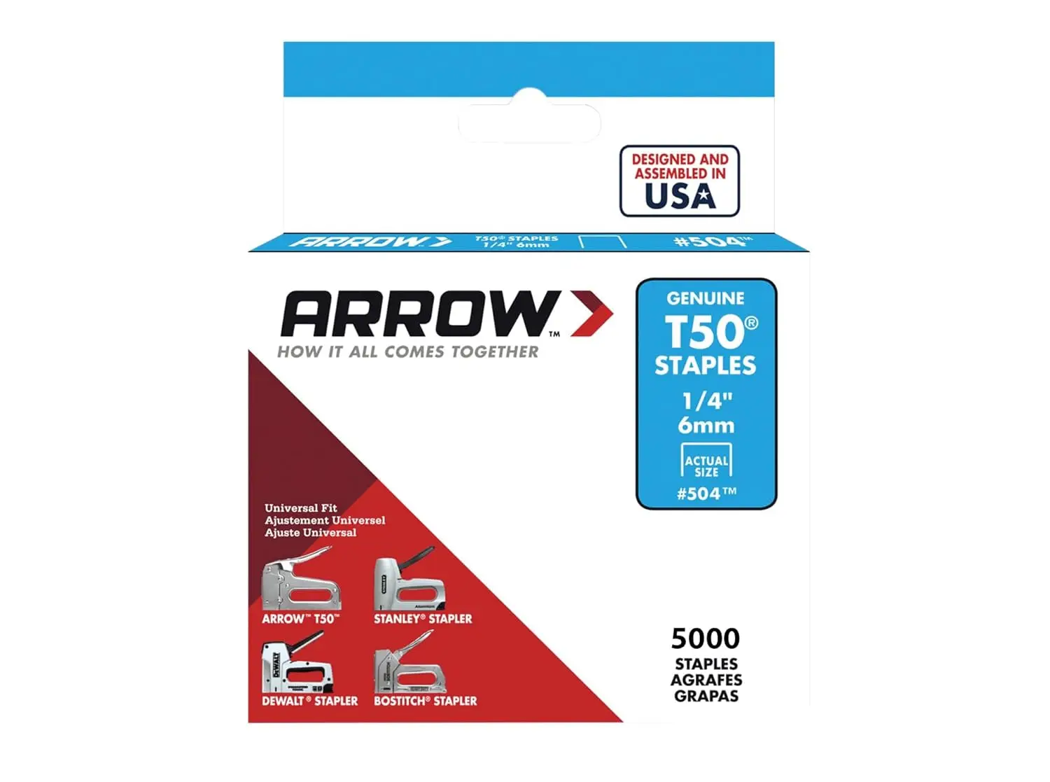 

Arrow 504 T50 Heavy Duty Staples, 1/4-Inch Leg Length, 3/8-Inch Crown Width Staples for Upholstery, Construction, Furniture, Crafts, 5000-Pack