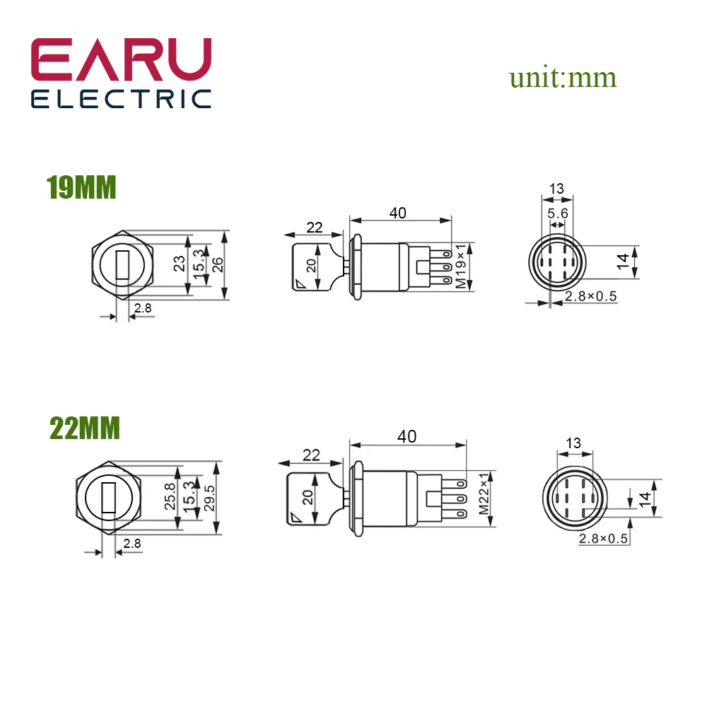 19MM 22MM  Latching Self-locking Fixation  Metal Waterproof  2Position 3Position Key Rotary Switch With Two Keys