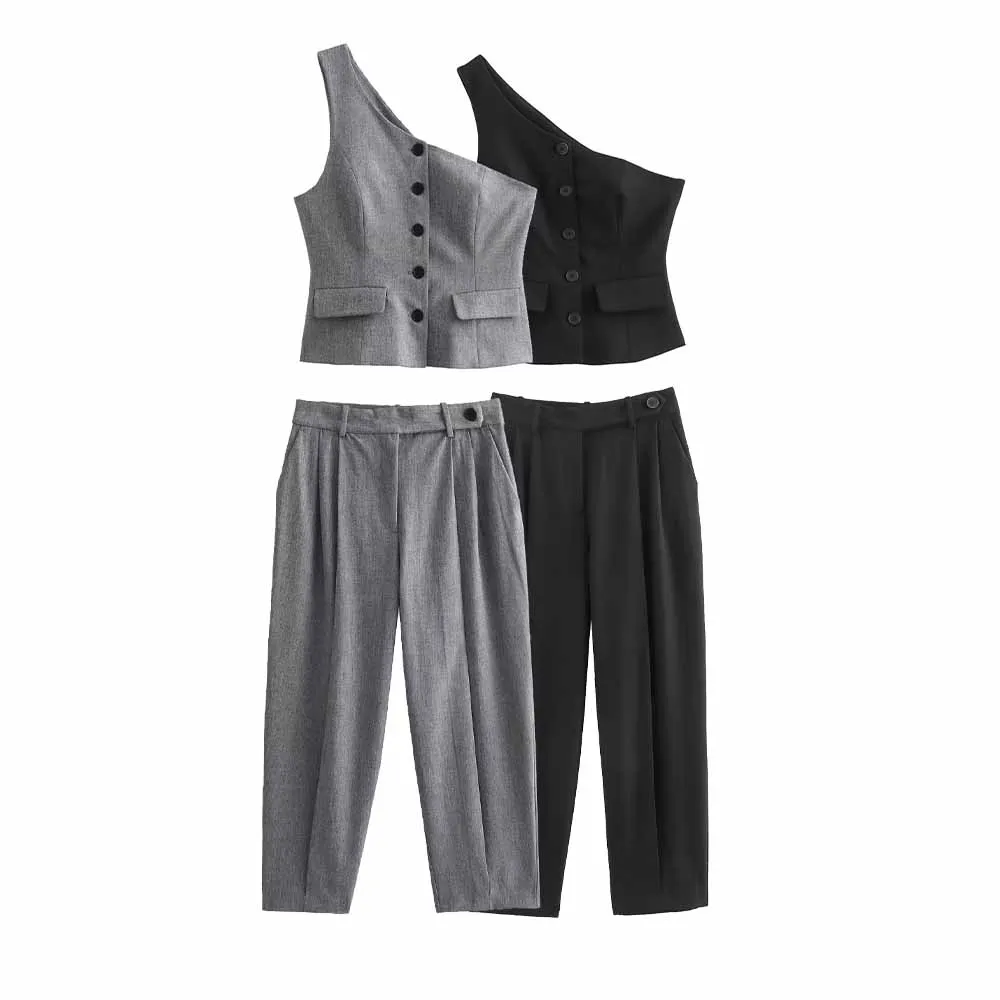 Suit Women's 2-piece 2024 New Fashion and Leisure Asymmetric Vest Retro Sleeveless Blouse+pleated Leg Pants Women's Suit