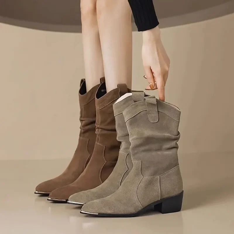 New Style Fashion Winter Classic Boots for Woman Cow Suede Pointy Toe Wedge Heel Ankle Boots Simple Comfort Cowboy Boots Female