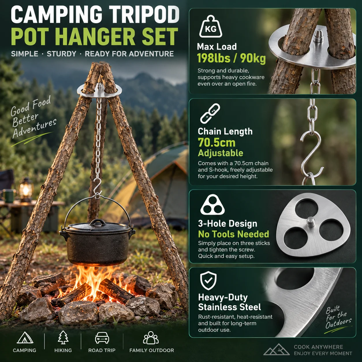 스테인리스 스틸 캠핑 삼각대 지지대, 3개의 구멍이 있 - Camping Cooking Tripod 리뷰 및 가격
