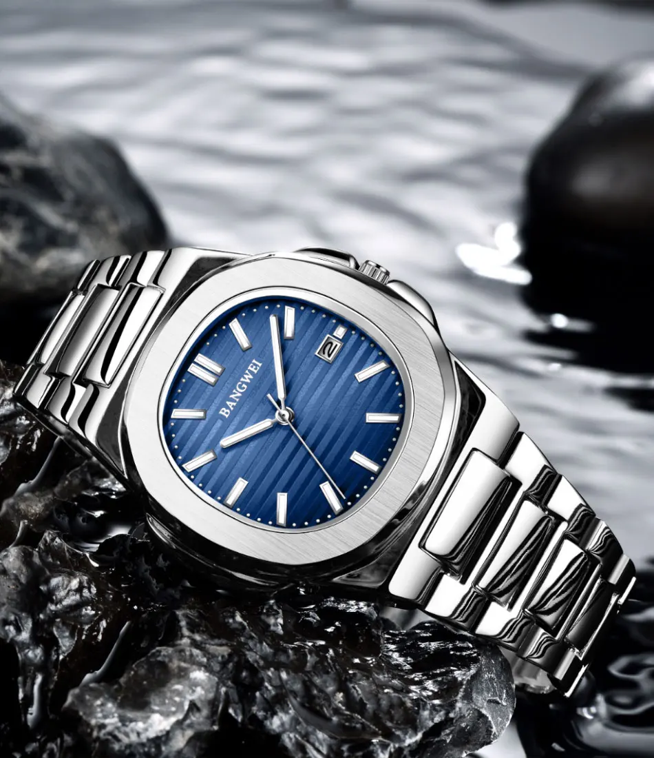 BANGWEI Modische Quadratische Quarz-Herrenuhr Wasserdicht Leuchtend mit Datumsanzeige Edelstahl-Uhren für Männer Luxuriöse Business-Herrenarmbanduhr – Detail 4