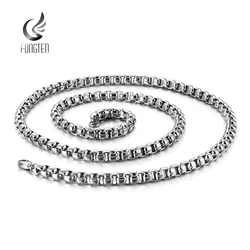 Fongten 6/7mm Box Chain Necklace For Women Men Stainless Steel Square Charm Choker Silver Color Men Hip Hop Necklaces Jewelry