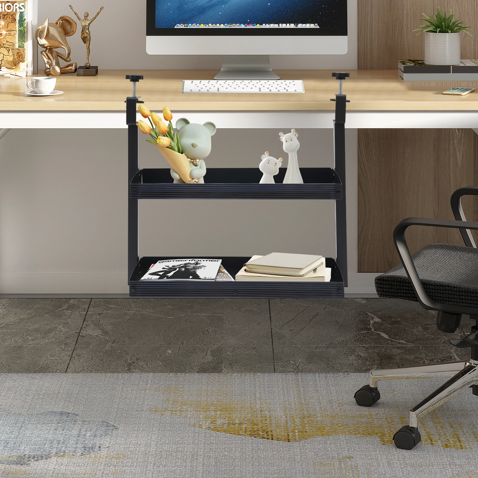 

Регулируемая двухуровневая настольная полка, лоток для хранения с зажимом для демонстрации фотографий, украшений, полка-органайзер на столе с зажимом