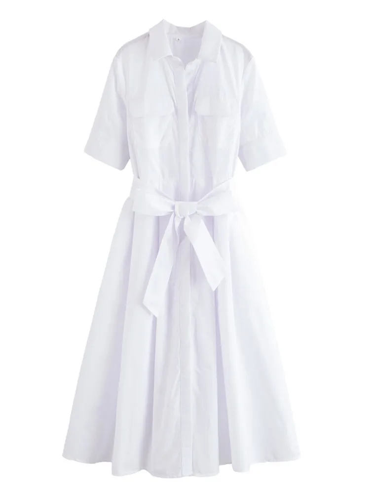 With Casual Pockets Decoration Classic Long Dresses Summer Fashion Lapel Vestidos Para MujerWomen'sShort Sleeve Shirt Dress