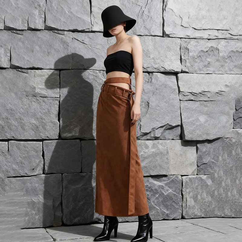 French Style Elegant Vintage Commuter Bodycon Skirts High Waist Belt Slim Fit Slit Temperament Versatile Long Skirt Women Autumn
