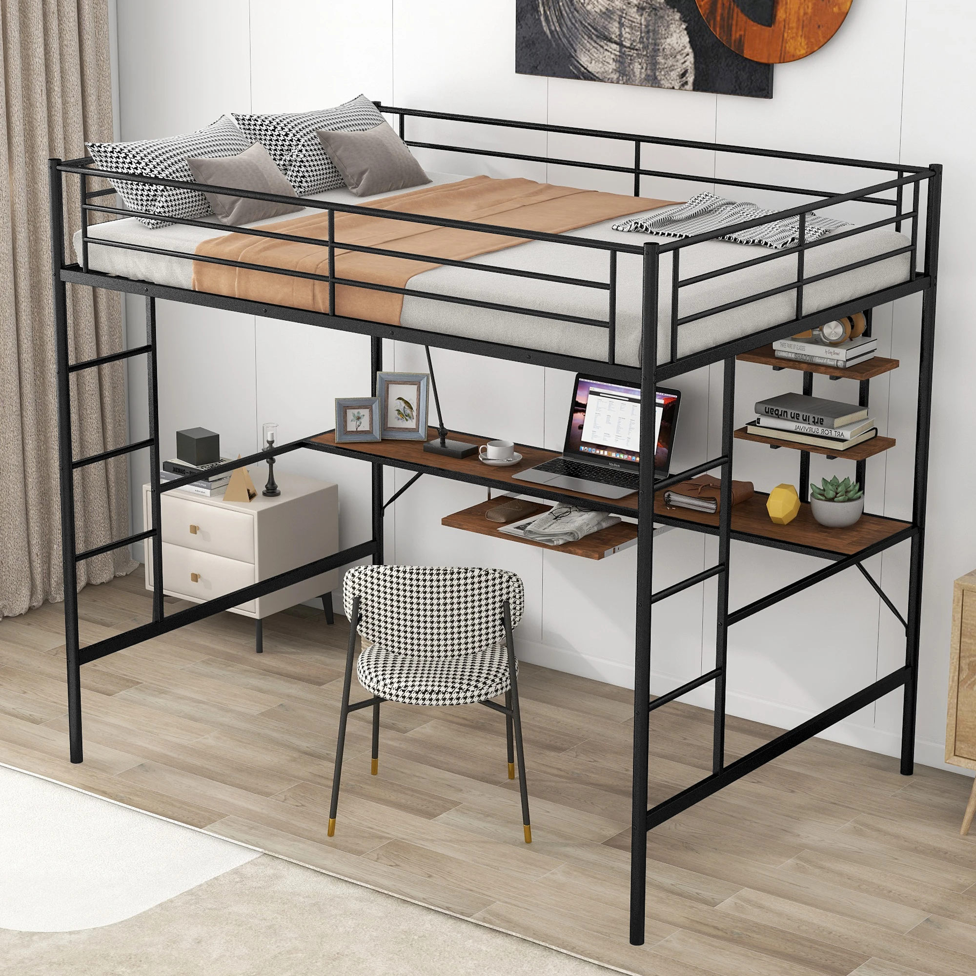 [Flash Sale]Full Size Loft Bed with Desk and Shelf Space Saving Design Black Metal Frame[US-W]