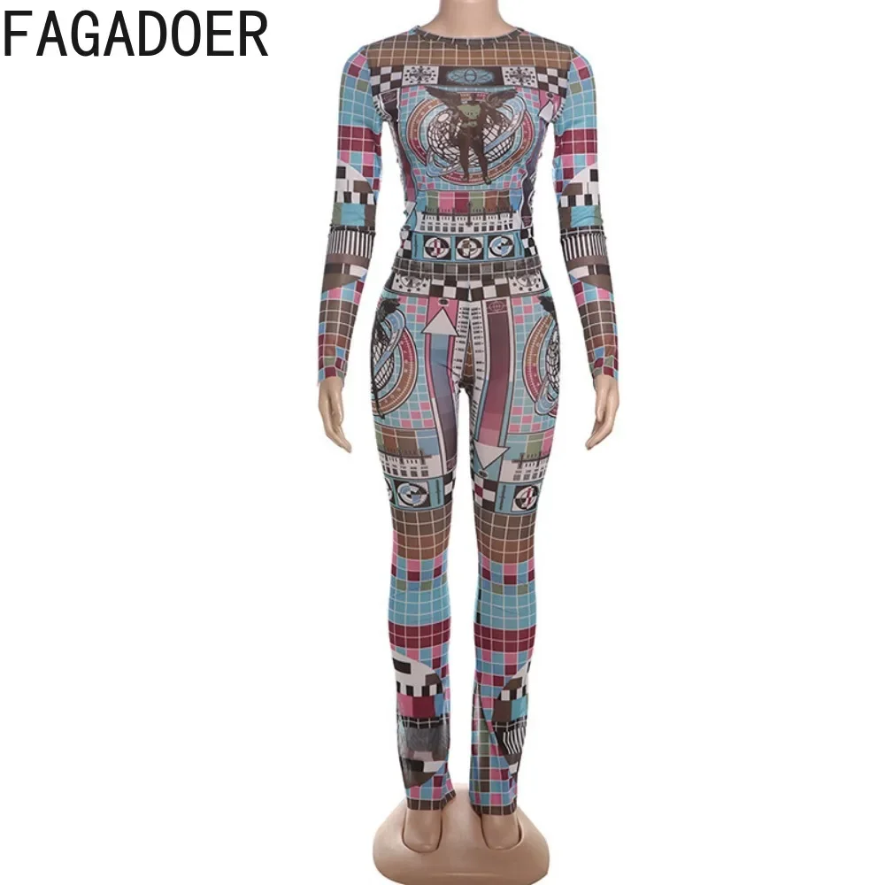 FAGADOER Fashion Two Piece Set for Women Mesh Print See Through Stretch Crop Top and Pants Suits Streetwear Spring 2025 New