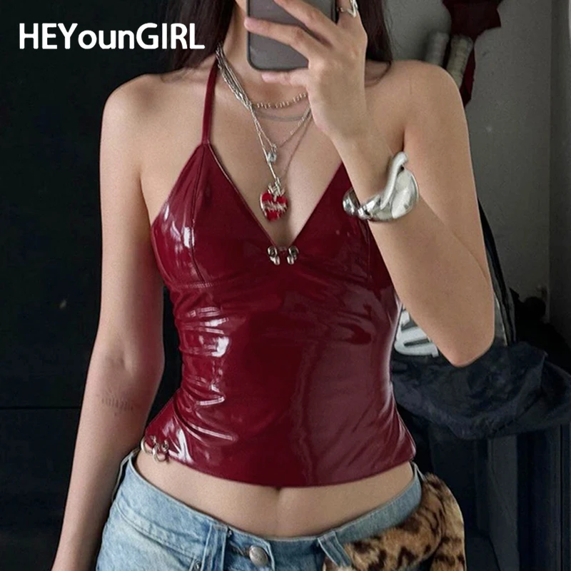 HEYounGIRL Faux Leather Red Halter Vest Club Outfits Women V-neck Metal Buckle Sexy Camis Top Backless Stylish Tanks High Street