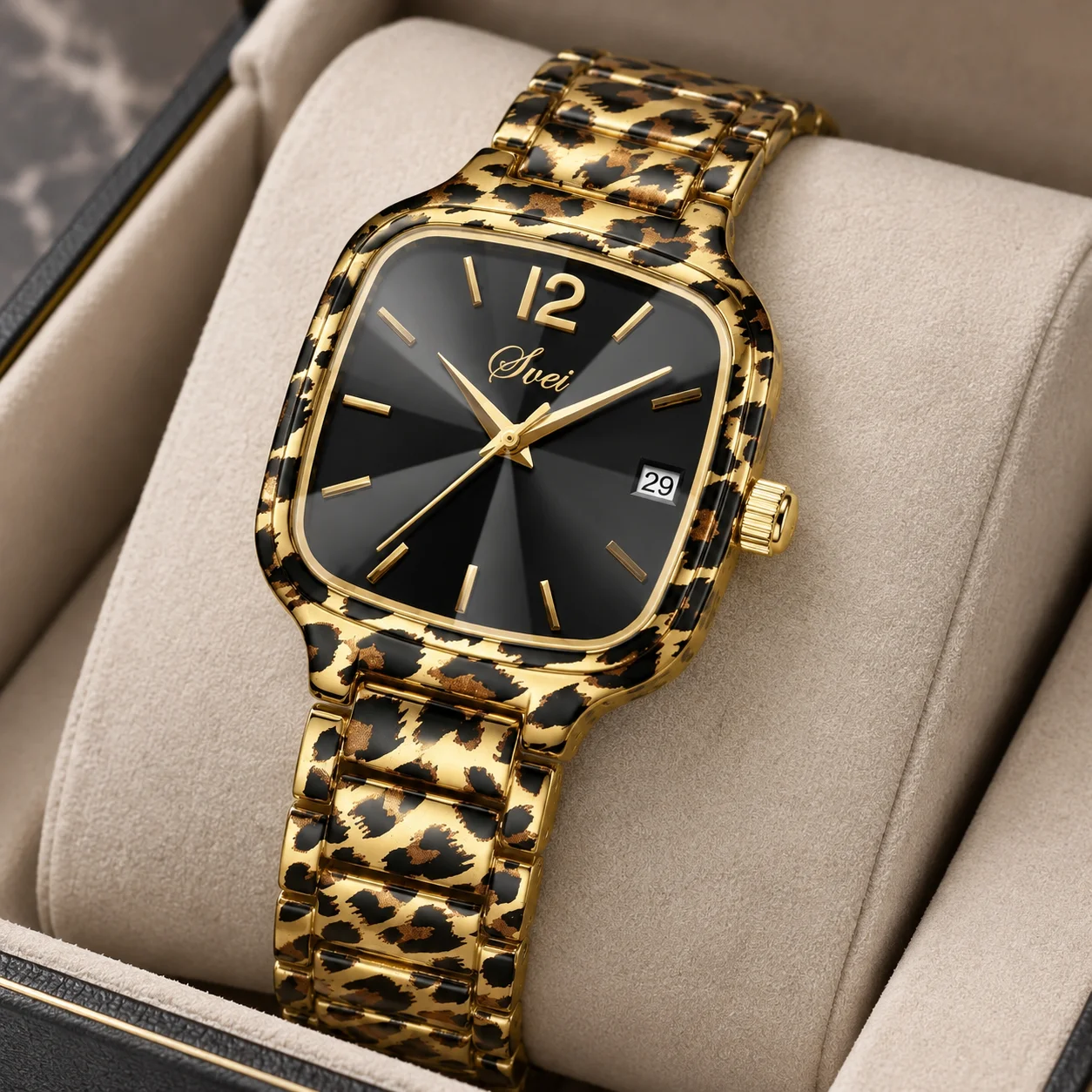Womens Square Leopard Print Calendar Watch Multi Section Spliced Strap Trendy Individual Style