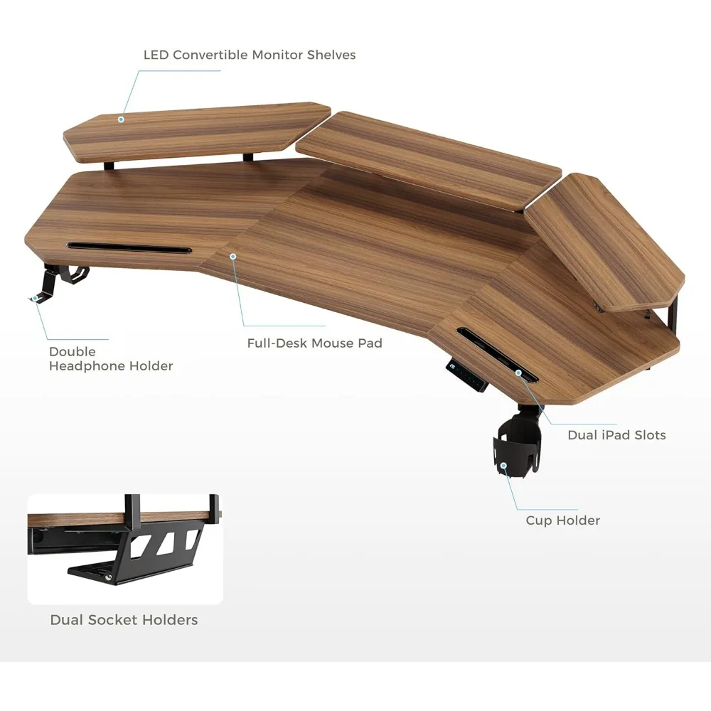 مكتب ألعاب قائم بمحرك مزدوج، مكتب كمبيوتر على شكل جناح مقاس 63 بوصة مع لوحة ماوس، طاولة ارتفاع كهربائية قابلة للتعديل #6