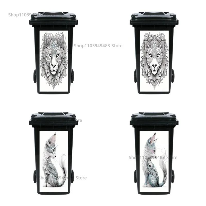 Lion Artistic Painting Cat Trash Can Rubbish Container Self-adhesive PVC Waterproof Stickers for Wheelie Bin Renovation Decals