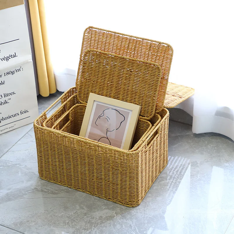 صندوق تخزين منسوج بسعة كبيرة، حامل أشتات منسوج يدويًا متعدد الوظائف مع غطاء، سلال تخزين منزلية، لعبة ملابس منظمة