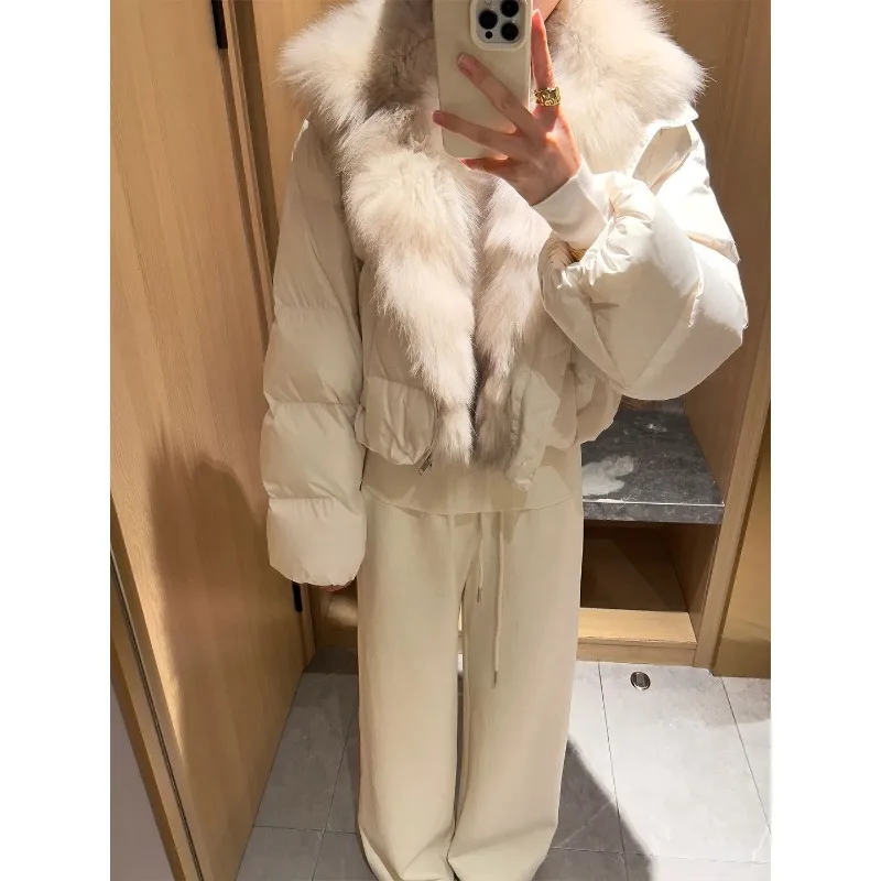 2026 Women Cropped Puffer Jacket Fur Collar Lapel Zip Up Oversized Solid Long Sleeve Pocket Thick Warm Coat Autumn Winter
