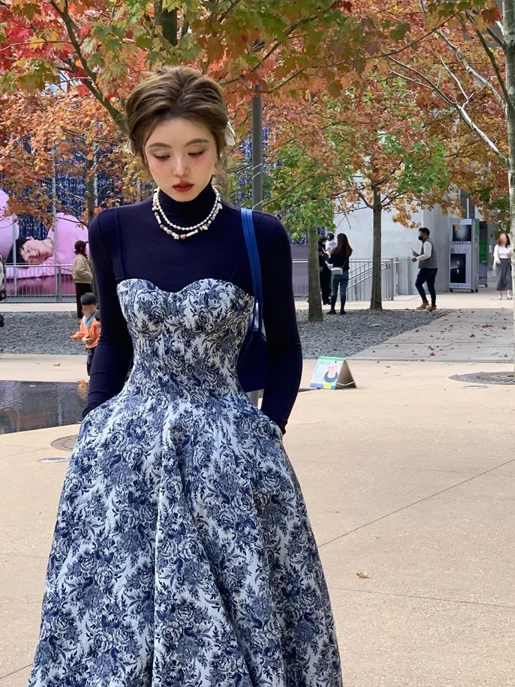 

Floral Print ter Ne Slim Fit Base irt Women's Dr Autumn Inner Wear Micro plus Size MM Aosphere Vintage Strap Dr