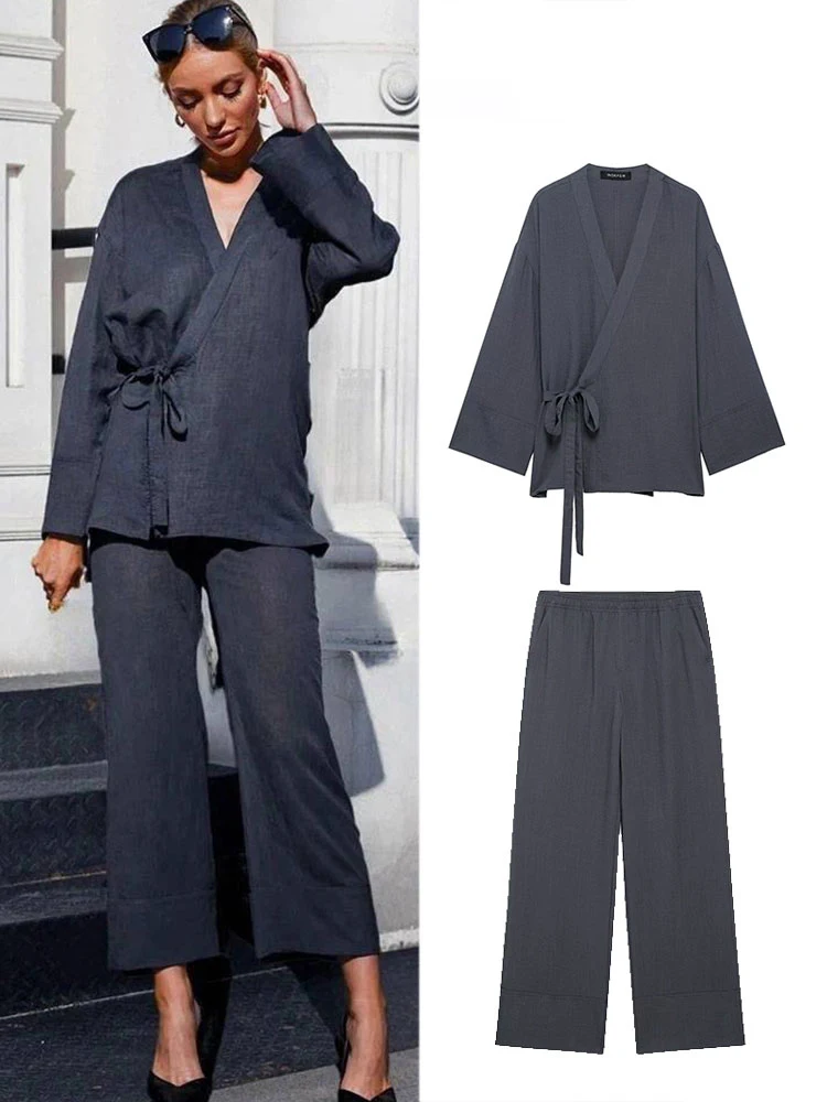 

HH Women's Fashion Pajamas Style Bell-bottom Pants Suit Chic Side Bow Decoration Kimono Casual Jacket Women's Streetwear