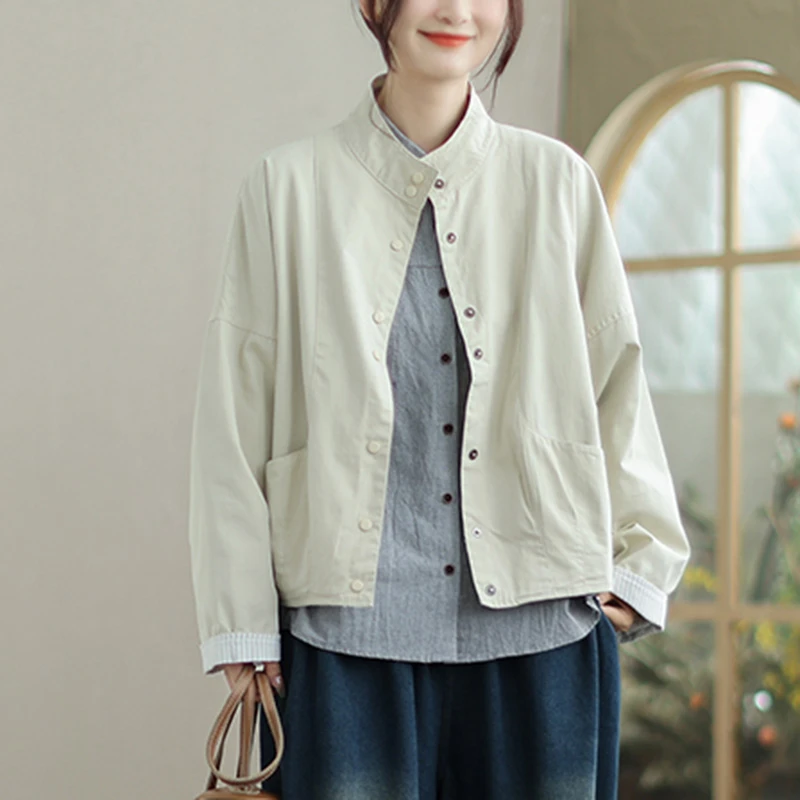 

Женские повседневные куртки с длинным рукавом, Новое поступление, осень 202, простой стиль, винтажная свободная женская верхняя одежда с воротником-стойкой, пальто T711