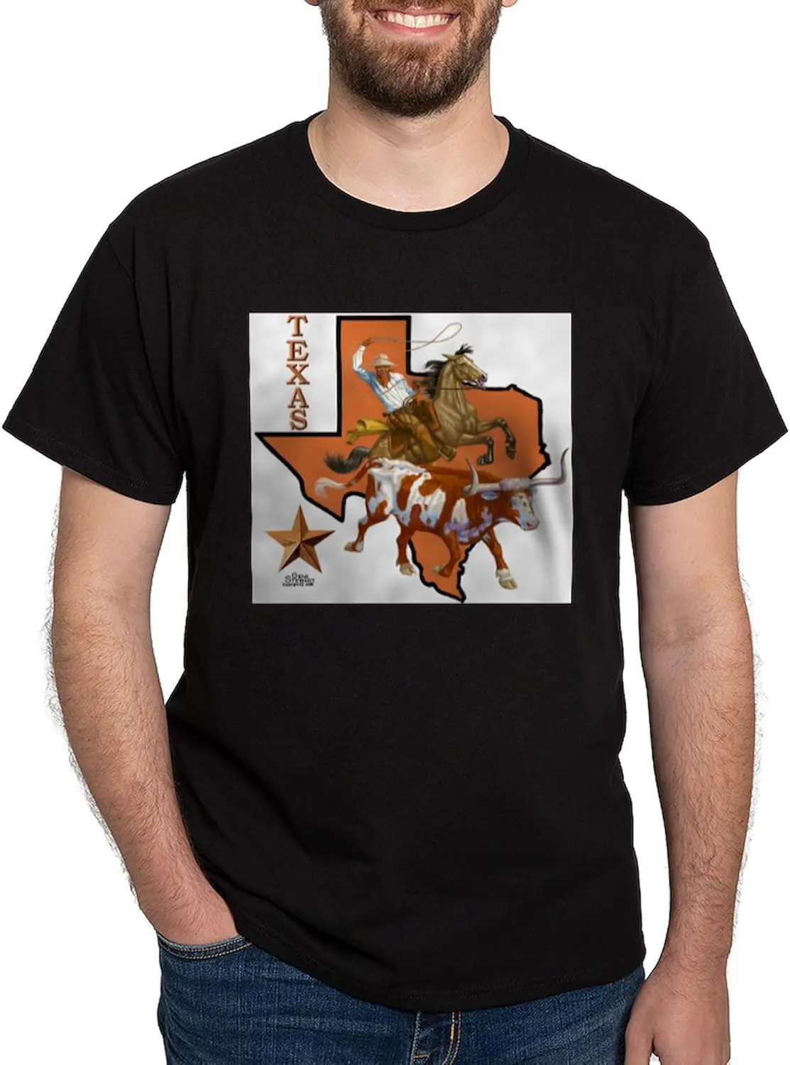 CafePress Texas Cowboy & Longhorn Black T Shirt Men's 100% Cotton, Classic Graphic Dark T-Shirt