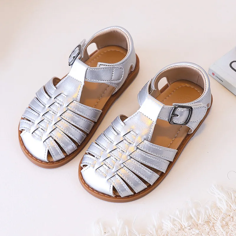 Children's Sandals 26 Summer New Silver Fashionable Breathable Fishbone Woven Girls' Sandals Leather Soft Sole Baby Beach Shoes