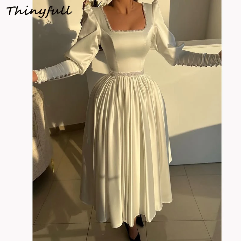 

Thinyfull A-line Satin Prom Dress Square Neck Full Sleeves Pearl Evening Party Gowns 2025 Formal Occasion Gown Customized ﻿