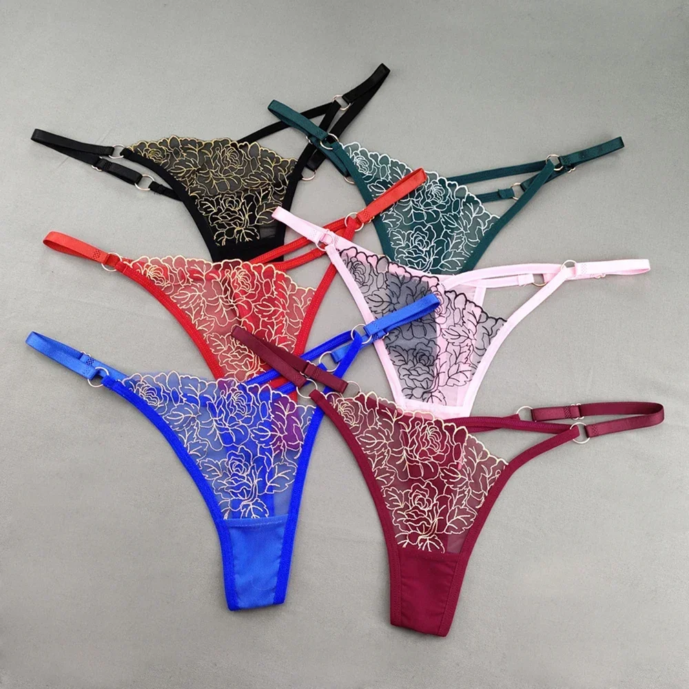 3Pieces Lace Female Sexy Thong High Cut Hollow Low Waist Panties Adjustable Waistband Underwear Lady Temptation Lingerie