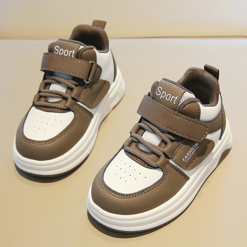Comfy Kids Brown and White Color-Blocked Microfiber Leather High-Top Sneakers for Boys and Girls, Velcro Soft-Soled Non-Slip Lightweight Children's Shoes, Versatile and Comfortable Casual Shoes for Older Children and Students for Spring and Autumn, Suitable for Daily School and Outings