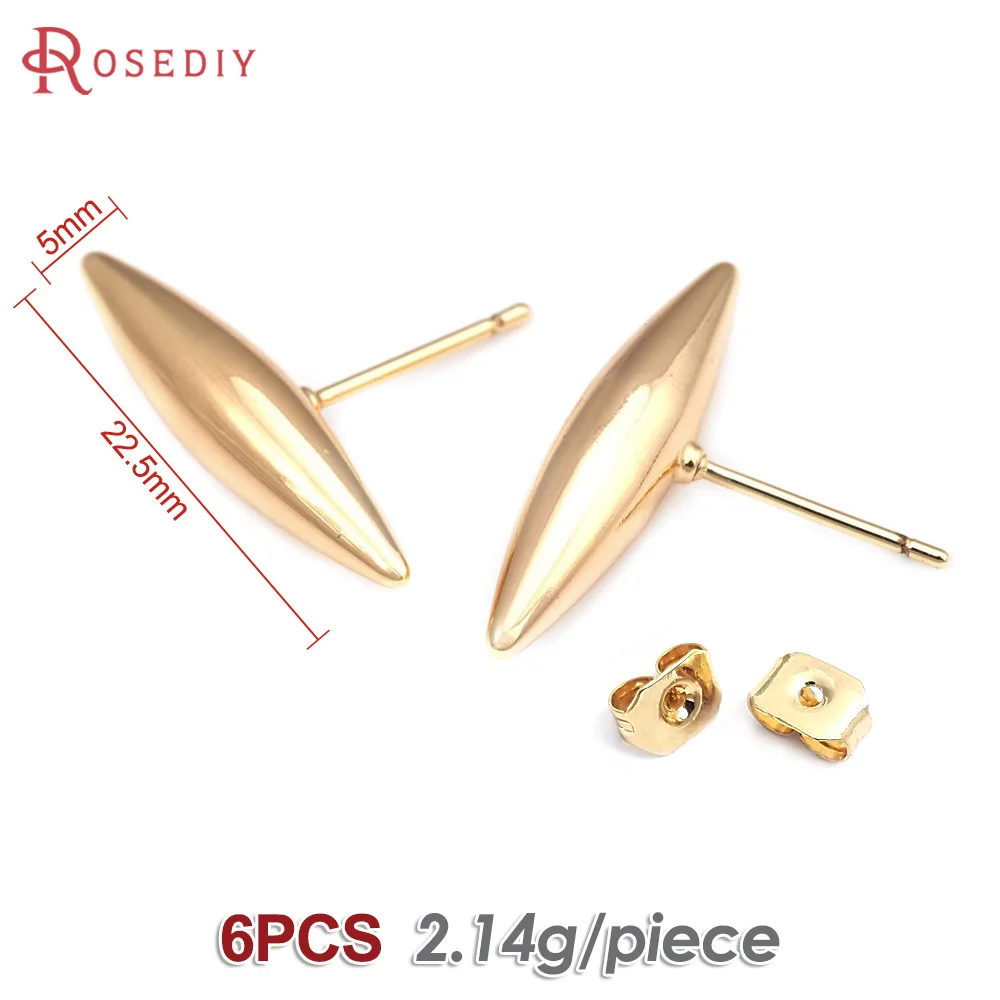 6PCS 18K Gold Color Brass Willow Leaf Shape Stud Earrings Pins Earrings High Quality Diy Jewelry Making Accessories for Women